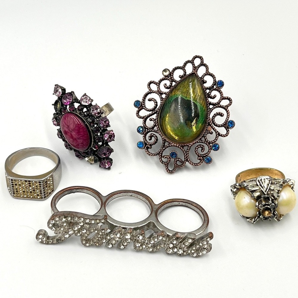 Vintage Statement Ring Goth Boho Dragon Eye Faux Pearl Rhinestone Set Y2K 5pc